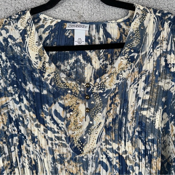 Maggie Barnes Top Womens 2X Blue Watercolor Catherine's Pleated Studded Tunic - Picture 5 of 10
